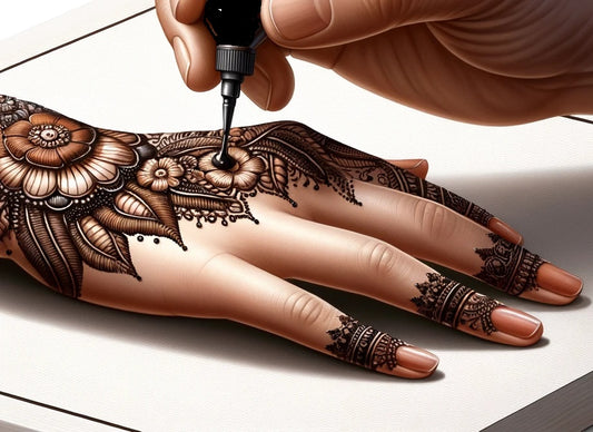 This image displays Jagua and Henna tattoo accessories, including a plastic bottle with a cap holding a needle and various sizes of plastic and metal needles arranged around it, essential for creating precise temporary tattoos